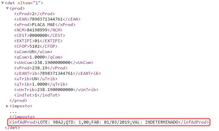 XML com informações de lote no infAdProd