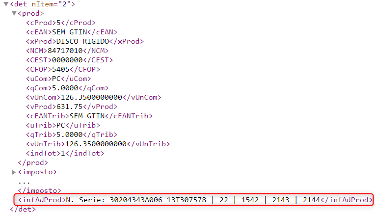 XML com números de série armazenados na TAG infAdProd