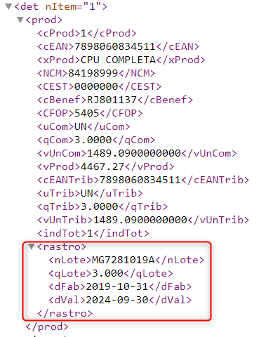 XML contendo o grupo rastro