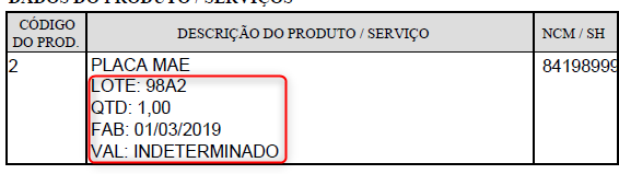 DANFE contendo informações do lote sem utilização do grupo rastro