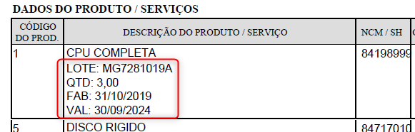 DANFE contendo as informações do grupo rastro impressas