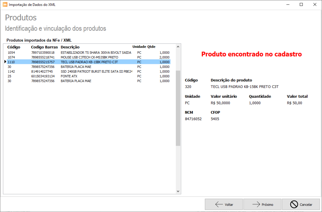 Importação de Dados do XML. Produto encontrado no cadastro