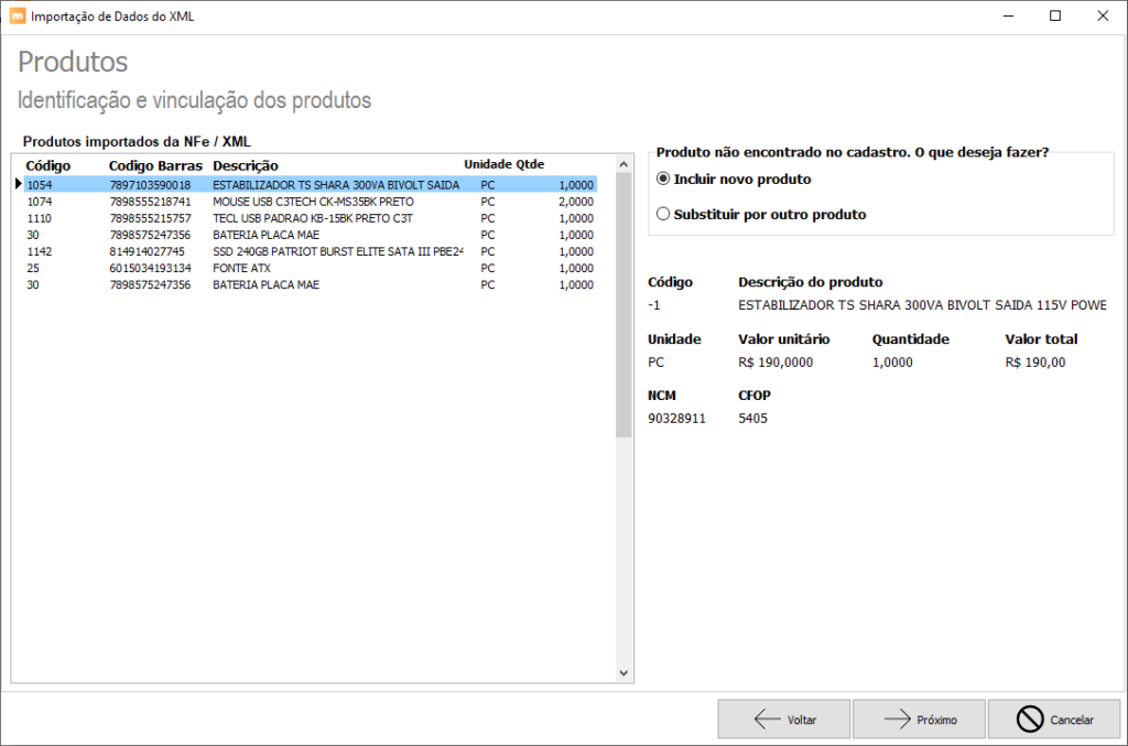 Importação de Dados do XML. Identificação e vinculação dos produtos