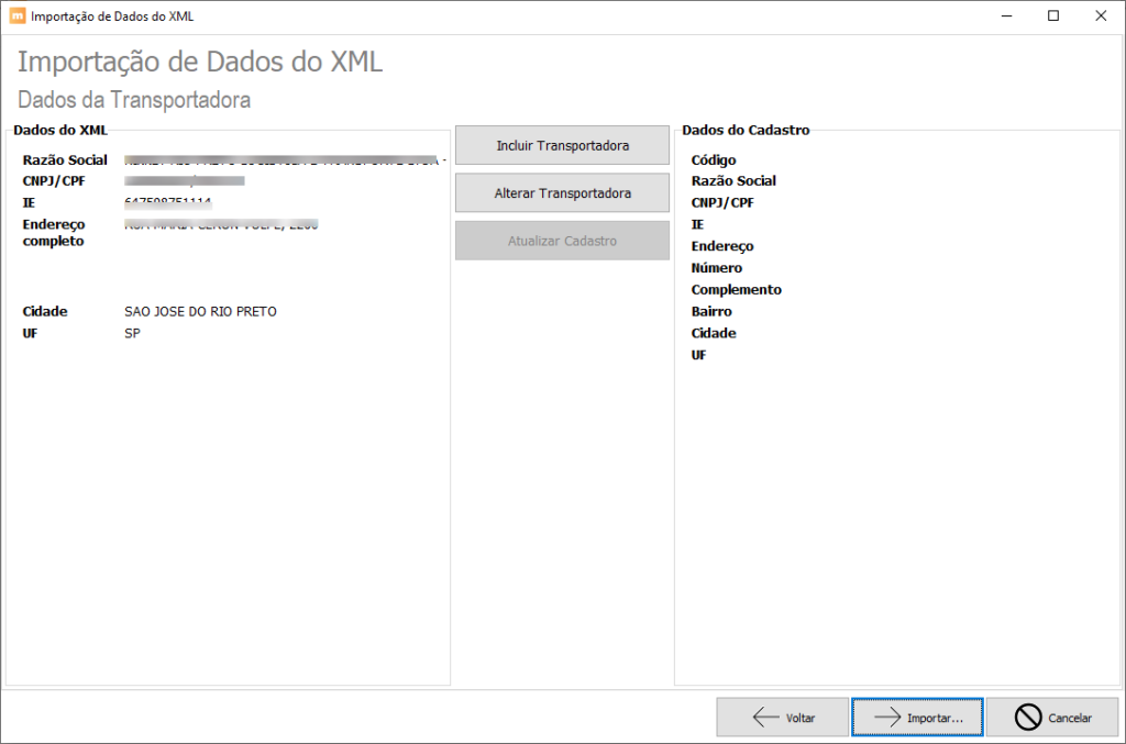 Importação de Dados do XML. Dados da Transportadora