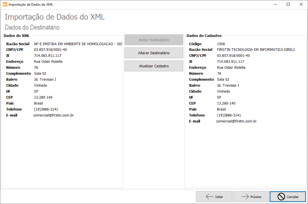 Importação de Dados do XML. Dados do Destinatário