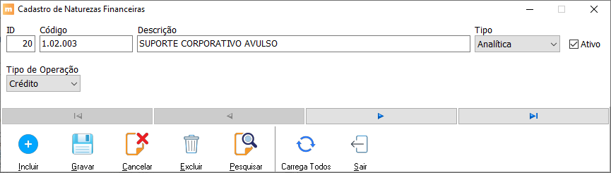 Cadastro de Natureza Financeira