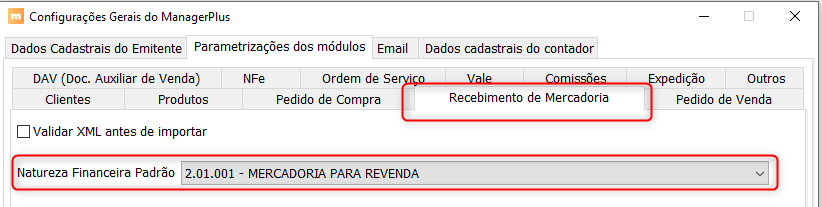 Parametrização da Natureza Financeira do Módulo de Recebimento de Mercadoria