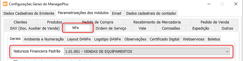Parametrização da Natureza Financeira do Módulo de Emissão de NFe