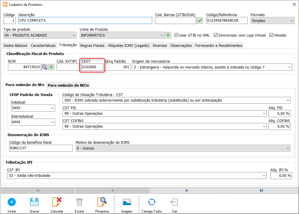 Campo CEST no cadastro de produtos do ManagerPlus