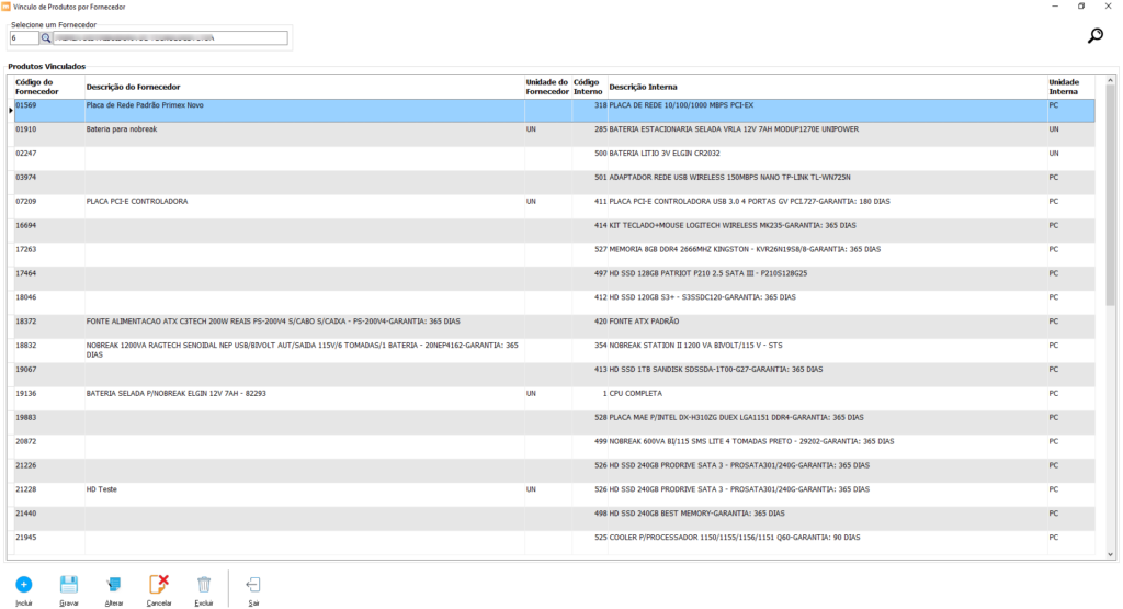 Tela do ManagerPlus exibindo lista de produtos vinculados por fornecedor