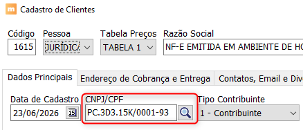 Cadastro de Clientes do ManagerPlus exibindo campo CNPJ/CPF preenchido com CNPJ alfanumérico