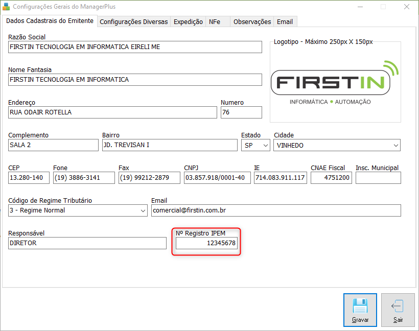 Tela das Configurações Gerais do ManagerPlus (menu Manutenção/Parâmetros)