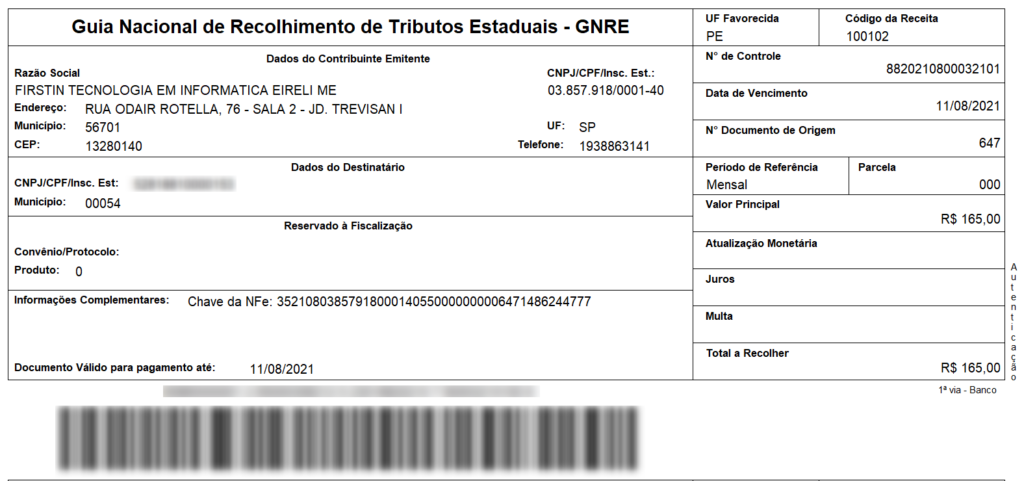 Exemplo de GNRe emitida pelo ManagerPlus