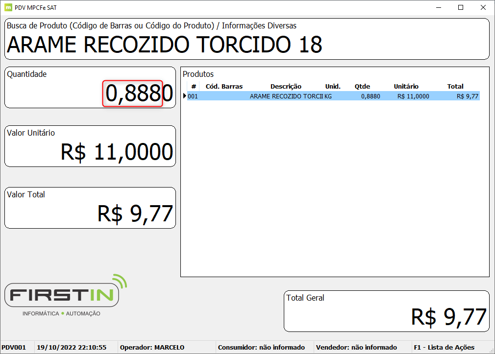 Automaticamente foi inserido o produto referente ao código 94 e o seu peso no campo quantidade