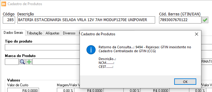 GTIN não encontrado na base do CCG