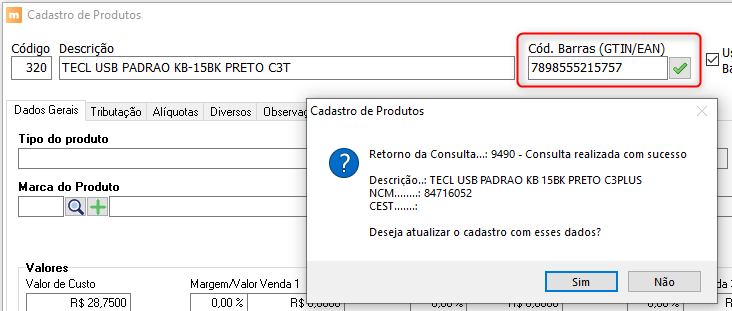 GTIN encontrado na base do CCG