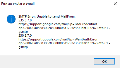 Erro comum quando o GMAIL não está preparado para ser utilizado em aplicativos externos
